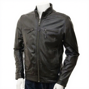 Chaqueta de Cuero Genuino Negra para Hombre, Ajustada, Estilo Motero, Cafe Racer, de Piel de Vacuno, con Cuello Alto, Clásica, Personalizada, Abrigo Cálido de Invierno - Product Image 1