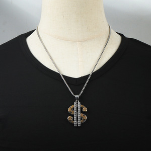 Colgante de acero inoxidable con signo de dólar e incrustaciones de cristal, collar de moda para hombre, cadena de 3,0x60 cm, tono plateado - Product Image 3