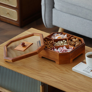 Caja redonda de madera maciza para frutos secos con compartimentos para el hogar, sala de estar, almacenamiento de dulces y aperitivos, caja de almacenamiento decorativa - Product Image 3