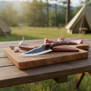 Cuchillo de desollar forjado a mano con orificio para el dedo, cuchillo de caza de hoja fija con mango de madera y funda de cuero, cuchillo para acampar al aire libre - Product Image 5