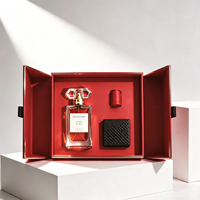 Boîte cadeau magnétique à double porte rouge personnalisée avec insert en éponge, estampage à chaud doré, coffret de parfum haut de gamme, emballage rigide en papier, fabrication en usine