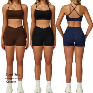 Ensemble 2 pièces pour femmes-Soutien-gorge de sport Cross Beauty Back et short croisé à la taille en V avec poches-Ensemble athlétique-Combinaisons de <span class=keywords><strong>compression</strong></span> - Product Image 1
