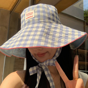 Chapeau bob à large bord à carreaux de style coréen pour femmes, protection solaire estivale, chapeau de pêcheur respirant avec design à nouer autour du cou - Product Image 4