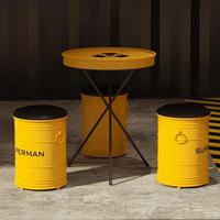 Ensemble de tabourets créatifs en forme de fût industriel, sièges en métal jaune avec assise rembourrée, table de bistrot rétro Pop Art pour café-bar à thème