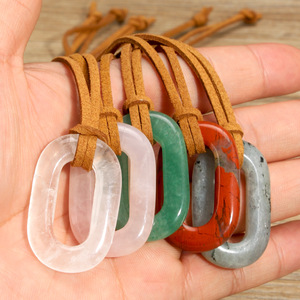 Collar con Colgante Ovalado Geométrico de Ágata Natural al por Mayor, Cordón de Cuero Multicolor, Joyería Boho Unisex, Regalo para Fiestas - Product Image 1