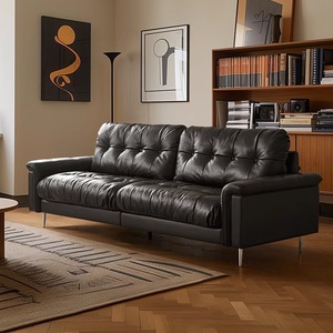 Retro Black Genuine Leather Nebula Sofa, Mid-century Designer 3-seater Down-filled Straight Couch for Small Living Room - Product Image 4