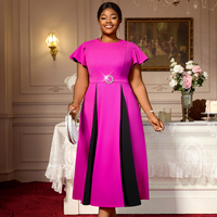 Robe midi décontractée élégante pour femme, grande taille, avec ceinture, à manches courtes à volants contrastants, coupe trapèze, couleur rose, AM050507