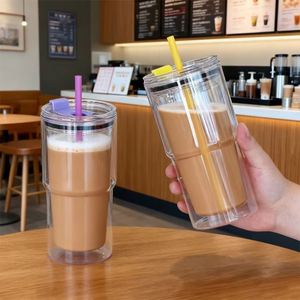Stylish Clear Transparent 20oz <b>Plastic</b> Tumbler Double Wall with Lid <b>Straw</b> for Takeaway Delivery <b>Drink</b> - Product Image 3