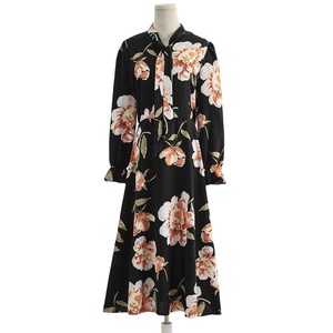 Floral Printing <strong>Beautiful</strong> Dress Bow Stand Collar Breathable Long Dress Modest Robe Muslim Women Dubai <strong>Abaya</strong> - Product Image 1