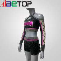 Uniforme de cheerleading personnalisé avec strass, haut court à bretelles longues avec jupe superposée, polyester et élasthanne, logo d'équipe personnalisable