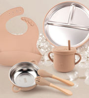 Nouvel ensemble d'alimentation pour bébé en acier inoxydable personnalisé, compatible lave-vaisselle, avec assiette compartimentée pour enfants et manchon en silicone amovible à ventouse