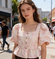 Nouveau haut amincissant à col carré et manches bouffantes en jacquard doux de style français