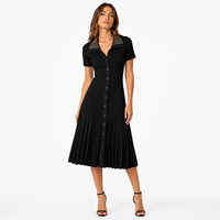 Robe en tricot pointelle noire pour femme, col polo, manches courtes, longueur midi, vente en gros, marque privée