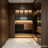 Armoire sur mesure en bois massif de luxe moderne pour toute la maison, avec porte vitrée, placard intégré, coiffeuse intégrée et éclairage LED