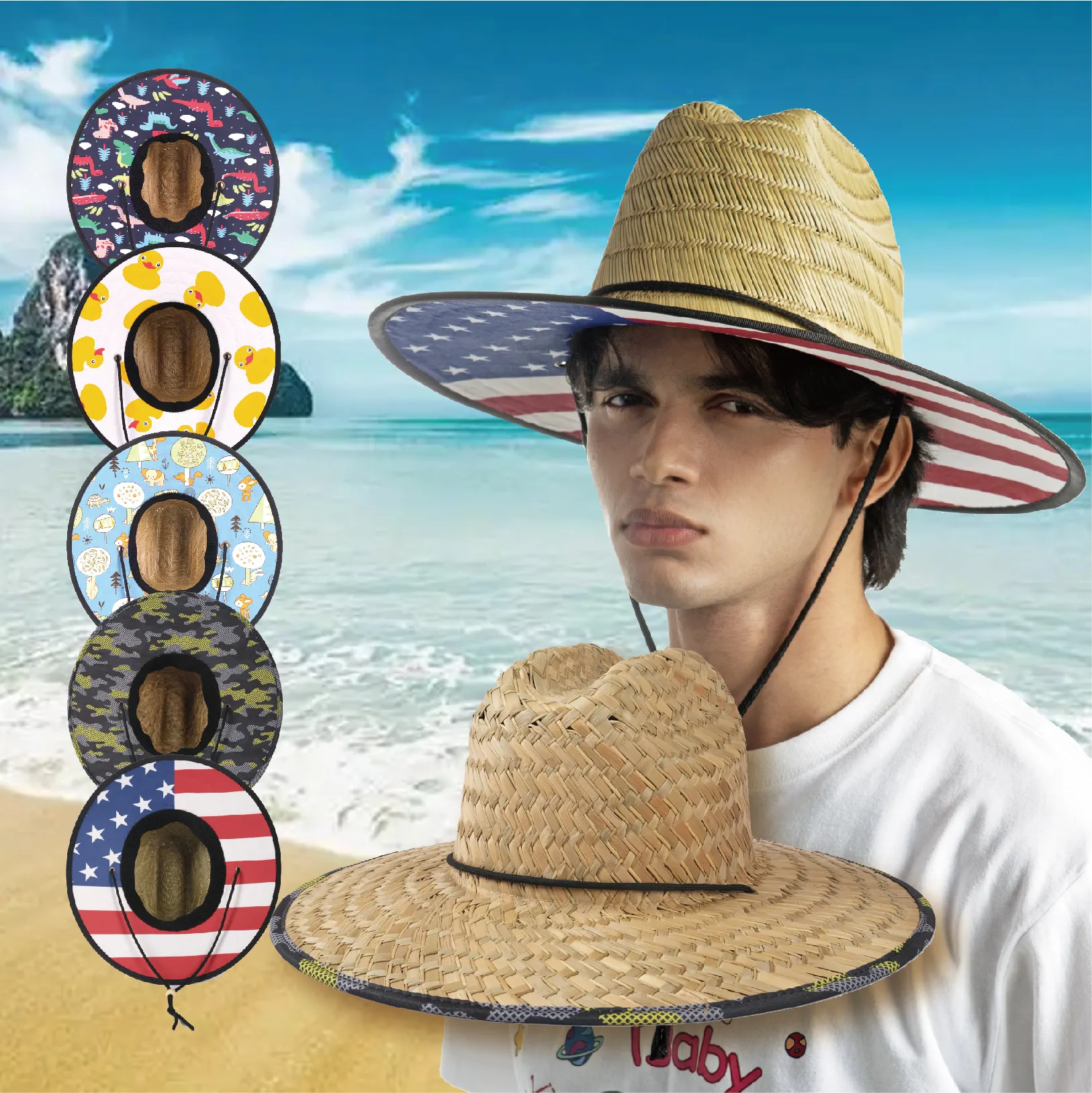 High Quality Summer Sun-proof Straw Beach Hat Wholesale Custom Logo Lifeguard Straw Hat with Big Brim