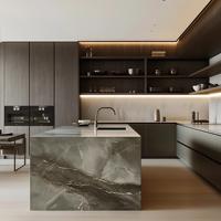 Meubles de cuisine modernes modulaires en bois massif avec portes vitrées, îlot de cuisine et crédence écologiques