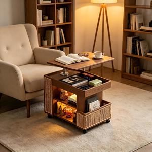 Mesa de Centro Plegable de Madera Maciza, Altura Ajustable, Diseño de Mediados de Siglo, Almacenamiento, Muebles Ecológicos para Sala de Estar - Product Image 1