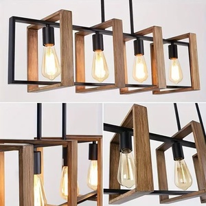 Lustre industriel américain rétro <span class=keywords><strong>noir</strong></span> carré en fer ovale suspendu en <span class=keywords><strong>bois</strong></span> pour salon restaurant salle à manger milieu - Product Image 4