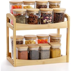 Bamboo 2 Tier Spice Rack Storage <b>Shelf</b> With Glass Jars For Kitchen Countertop Cabinet Organization Durable Design - Product Image 1