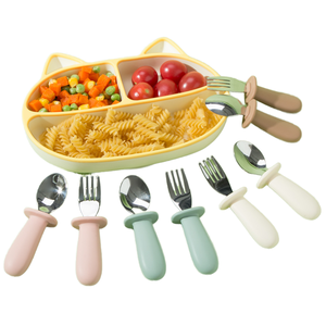 Juego de alimentación para bebés con forma de gato, plato dividido y tenedores y cucharas de acero inoxidable para niños pequeños de 1 a 2 años, con mangos libres de BPA - Product Image 1
