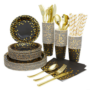 Black Gold Dot Design Tableware Set Disposable Paper Plates Cups Napkins Straws Party Tableware Set - Product Image 1