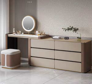 Bàn đá hàng đầu bàn trang điểm + Phân + gương trang điểm Vanity Bộ khung gỗ rắn và yên da kết thúc thực tế dresser Set - Product Image 3