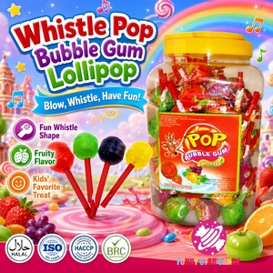Wholesale OEM Custom Bubble Gum Filled <strong>Lollipop</strong> <strong>with</strong> <strong>Whistle</strong> Jar Pack <strong>Fruit</strong> Flavor Ball Shaped <strong>Hard</strong> <strong>Candy</strong> for Kids - Product Image 1