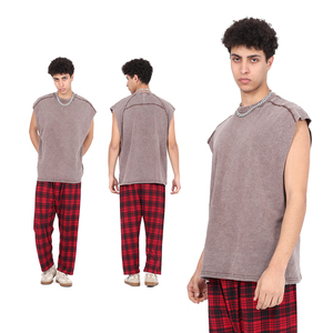 Camiseta sin mangas de algodón con ribetes de bambú, lavado vintage, diseño con parches y adornos de tachuelas, estilo casual. - Product Image 2