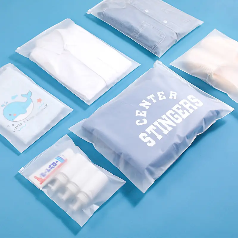 Sacs fermeture éclair de l'emballage en plastique biodégradable transparent/givré personnalisé, maillots de bain T-shirt sacs de vêtements fermeture éclair avec logo