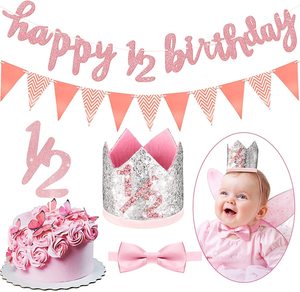 Décorations <span class=keywords><strong>de</strong></span> fête d'anniversaire pour filles : Bannière suspendue Or Rose « HALF WAY to ONE », Décorations <span class=keywords><strong>de</strong></span> gâteau 1/2, <span class=keywords><strong>Couronne</strong></span> d'anniversaire, Nœud papillon, Cadeau - Product Image 1