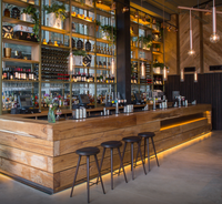 Aménagement intérieur professionnel de bar avec comptoir de bar, étagères de présentation et aménagement moderne pour les pubs et les lieux de divertissement