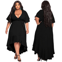 Mode d'été pour femmes Robe élégante ample à volants et col en V sexy de couleur unie pour femmes de grande taille