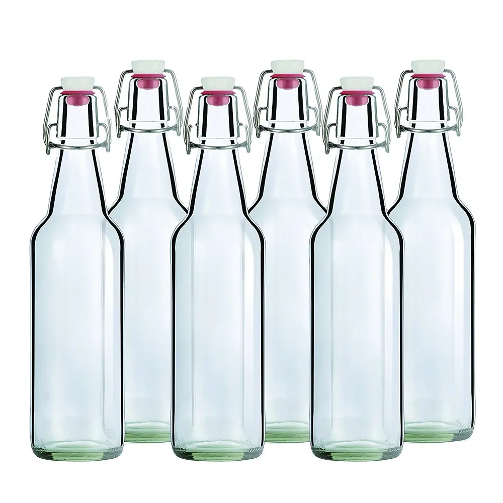 Botella de vino de cristal con tapas, tapa oscilante de fondo plano color burdeos, transparente, 500ml, 750 ml