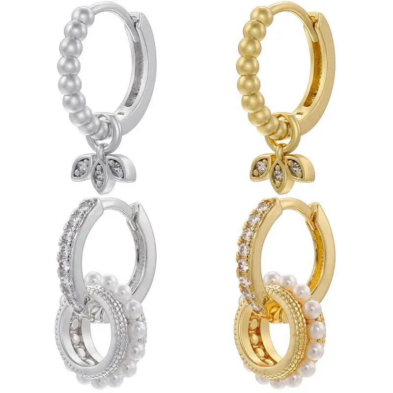 Dainty 18K plaqué or rond perle cercle boucles d'oreilles Micro pavé Zircon feuille boucles d'oreilles pour les femmes mode fête bijoux cadeau