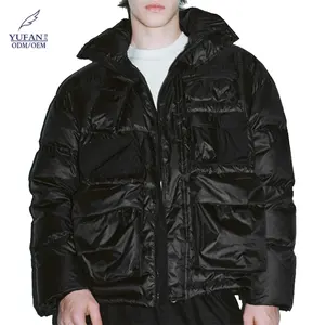 YuFan OEM 맞춤형 남성 다운 재킷 블랙 샤이니 패브릭 퍼 방수 지퍼 인쇄 파카 코트