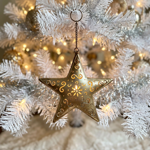 Wholesale Handmade Metal <b>Star</b> <b>Hanging</b> Ornament with Laser Cut and Tea Light Shatterproof Classic Christmas Tree Decoration - Product Image 1
