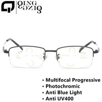 Verres progressifs photochromiques anti lumière bleue lunettes demi-monture métal rectangle noir or photogray hommes lunettes de lecture