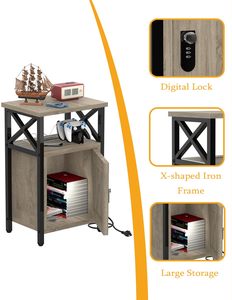 Table de chevet en bois gris avec station de charge 3 USB et 2 prises Table pour le rangement dans le salon Chambre à coucher pour l'organisation des outils - Product Image 5