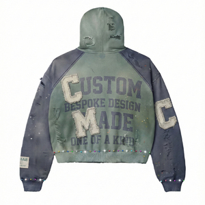 남성용 빈티지 워싱 후드티 커스텀 스트릿웨어 디스트레스드 선페이드 남성용 라인스톤 자수 패치워크 지퍼업 후드티 - Product Image 2