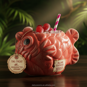 El Yapımı Seramik Balık Şeklinde Tiki Kupa Yenilikçi Pembe Kirpi Balığı Kokteyl Bardağı Bar Malzemeleri Parti Dekoru - Product Image 5