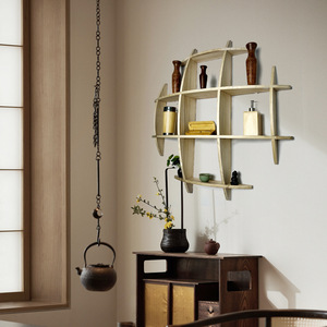 <b>Wall</b> Mounted Solid Wood <b>Display</b> Shelf Geometric Multi Compartment Chinese Style Storage Rack For Teacup And Decorative Items - Product Image 2