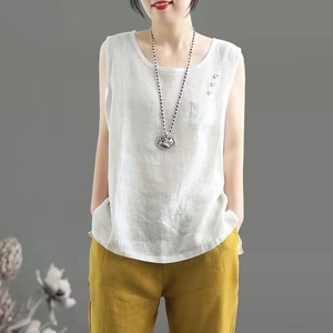Women's Sleeveless Linen Cotton Vest Solid Color Round Neck Pocket Breathable Tank Top Spring Summer Wear - Product Image 5