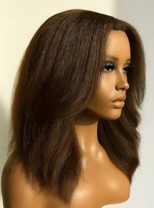 Perruque mi-longue en <span class=keywords><strong>cheveux</strong></span> humains, style Yaki Kinky Straight, brun, 16 pouces, fabriquée à la machine - Product Image 2