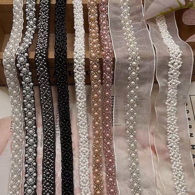 RYL Pearl Beaded Trim Bridal Lace Ribbon Crystal Rhinestone Applique Trim Straps for Craft Sewing Wedding Dress DIY Fabric