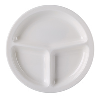 Assiettes divisées en plastique de 10,5 pouces, réutilisables, plat de service divisé, mélamine ronde, 3 compartiments, assiettes à dîner blanches