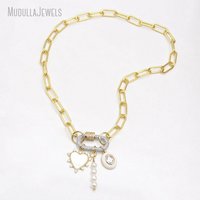 NM58867 Collier ras du cou pour femme plaqué or 18 carats avec pendentif cœur, chaîne maille trombone, fermoir mousqueton serti de zircone cubique et pendentif perle