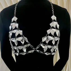 Fashion Summer New Openwork Shiny Crystal Geometric Acrylic Pendant Chest Chain Body Bikini Chain