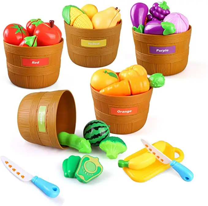 Color Sorting Set with Play Food Cutting Food for Kids Pretend Play Fruits and Vegetables Playset Kids Toddlers Educational Toys