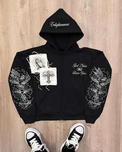 Custom Vintage Acid Wash 500 Gsm <b>Hoodie</b> Oversized Distressed Embroidery Patch <b>Work</b> Fleece French Terry Zip up <b>Hoodie</b> <b>Men</b> - Product Image 2