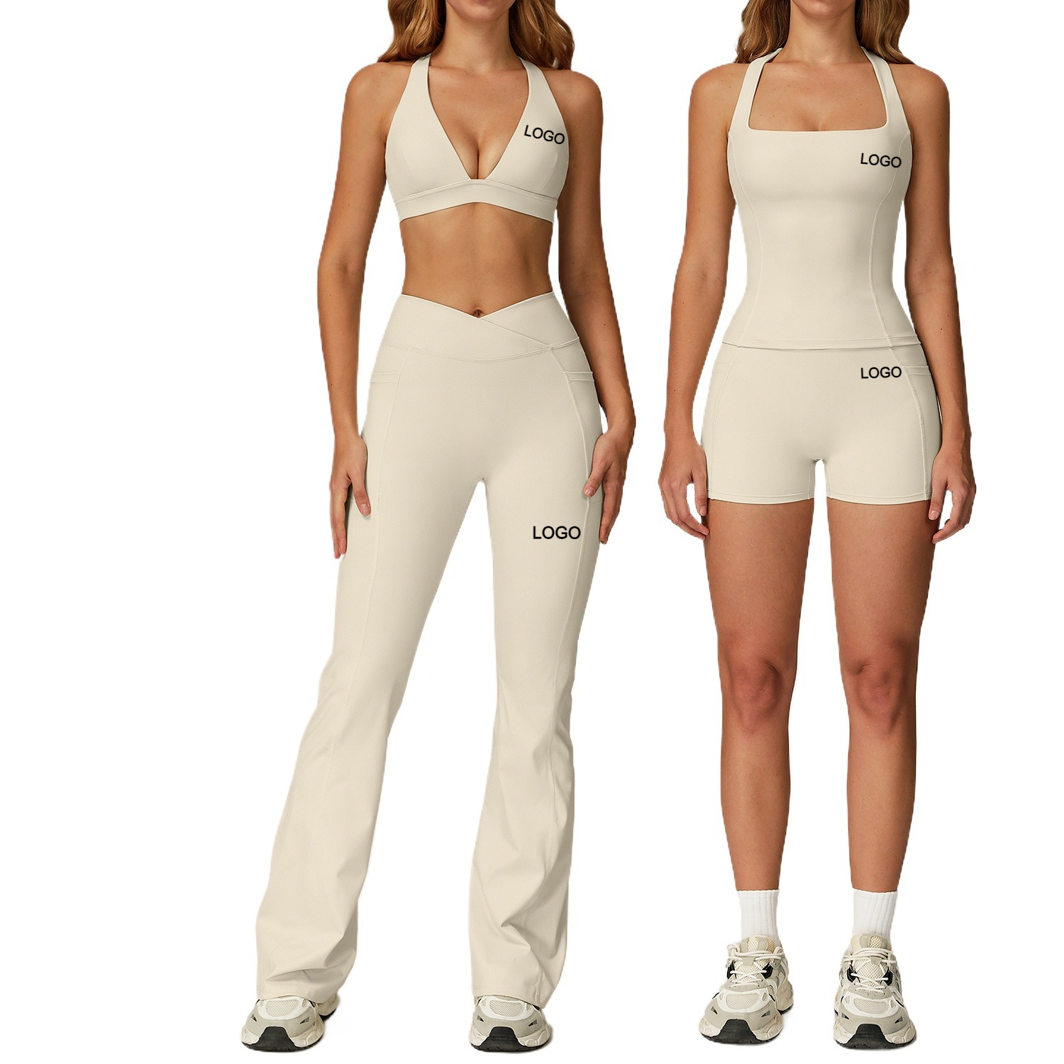 Custom LOGO Women's Naked Feeling Yoga Set Racerback Sports Bra Flared Pants High Waisted Crossover Activewear for Gym Running